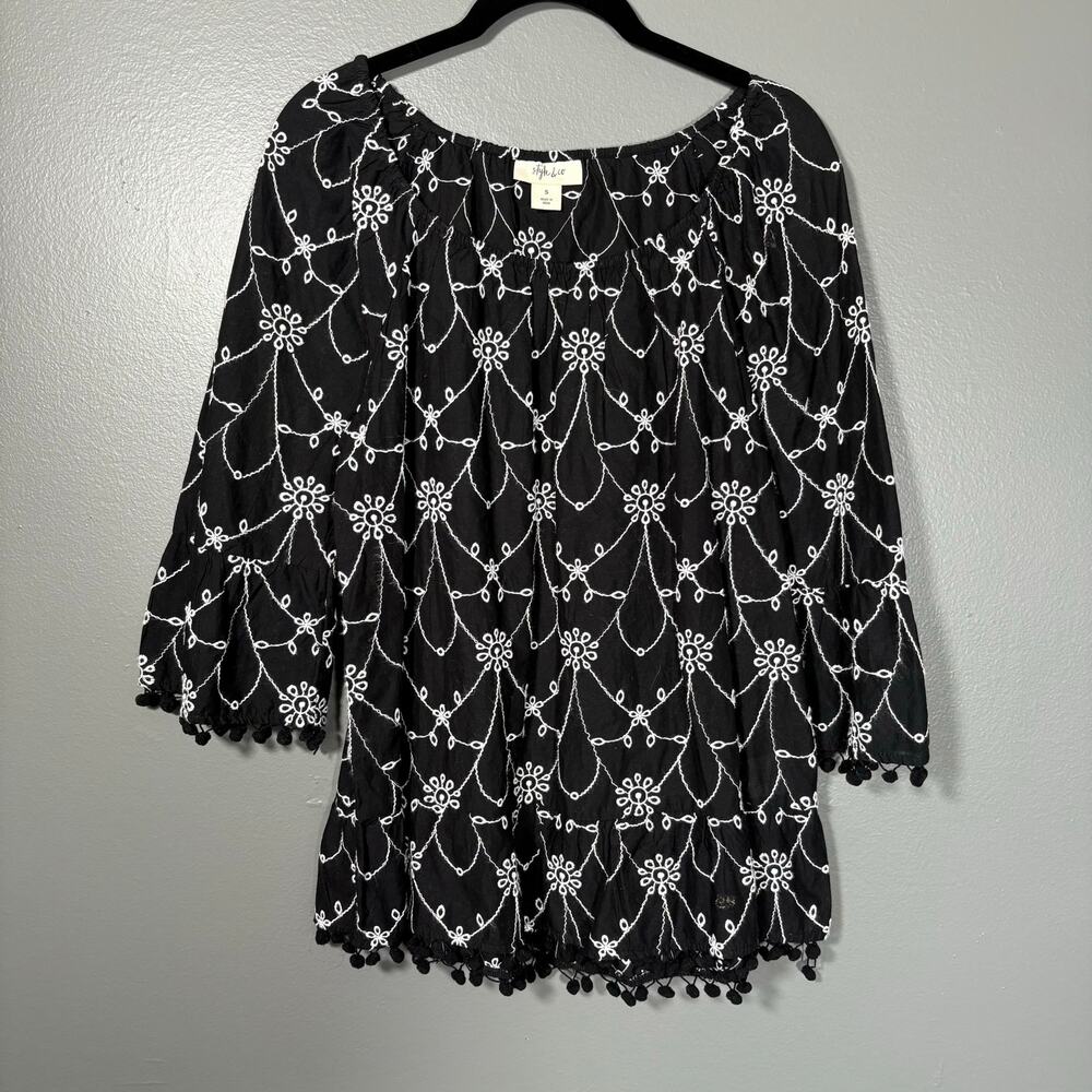 Style & Co Women's Black Embroidered Boho Cottagecore Peasant Top - Size Small
